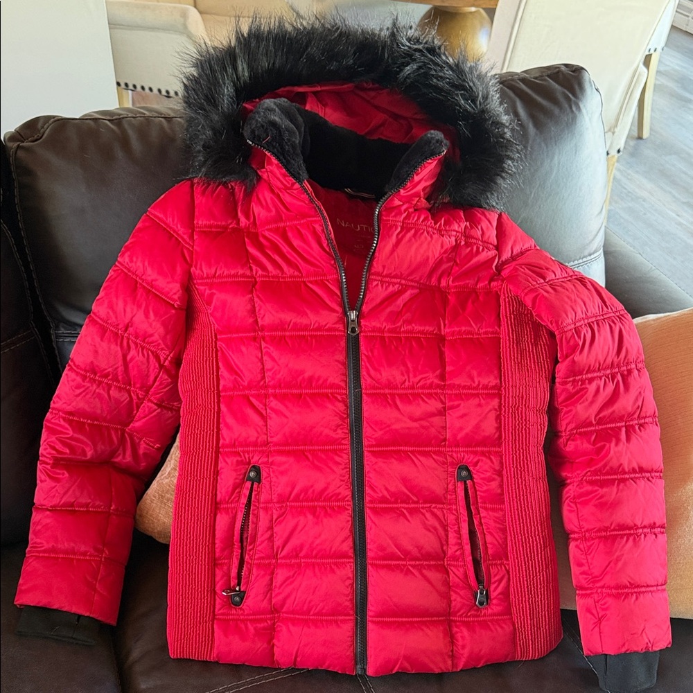 Red Nautica Puffer Jacket with Faux Fur Hood Size M